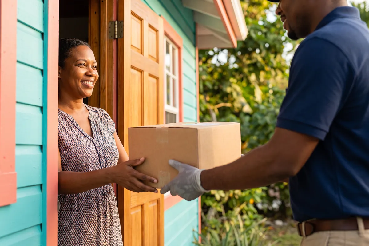 A courier handing a parcel to a customer at the door of a pastel Eleuthera home.