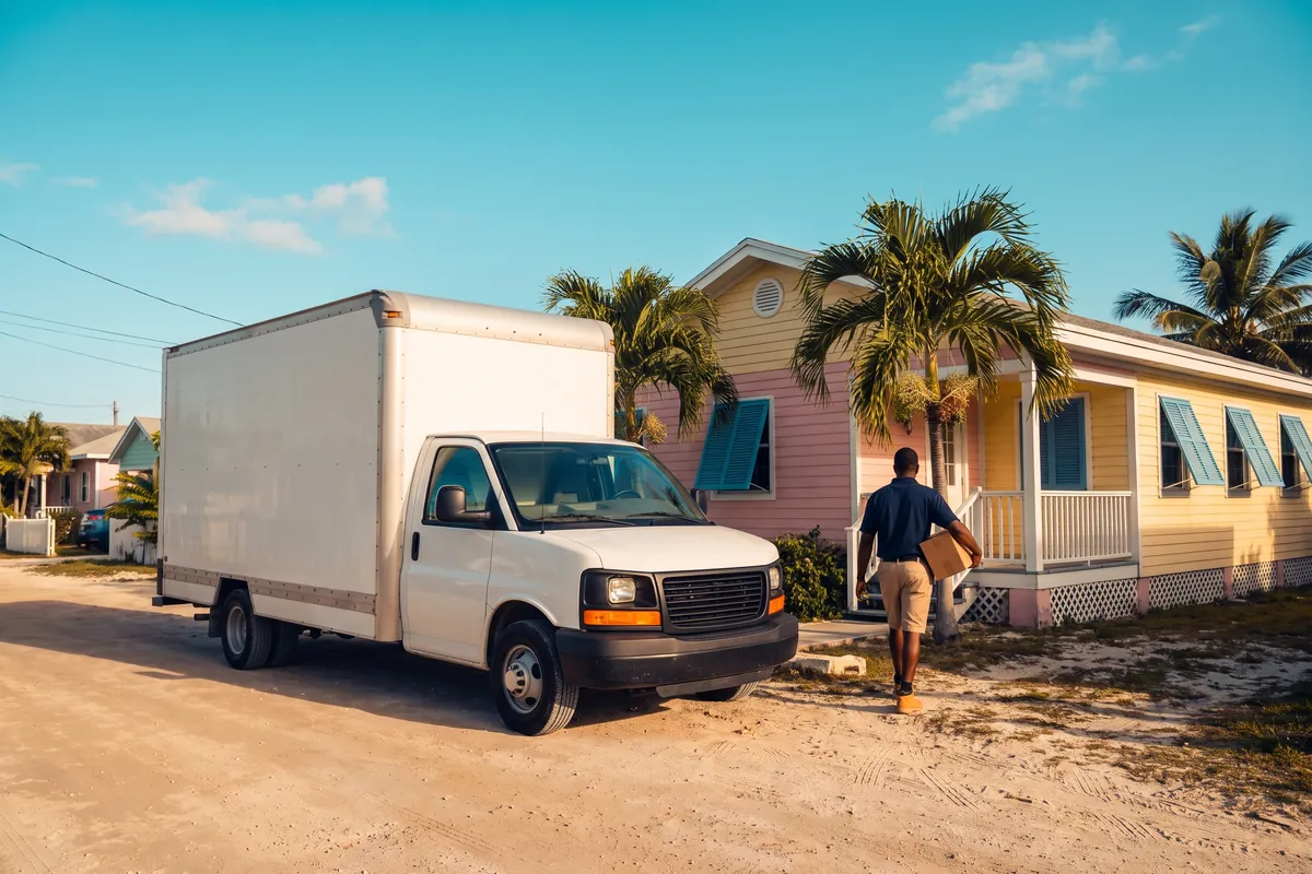 A delivery van parked on a sandy Eleuthera road while a courier carries a parcel to a pastel house.