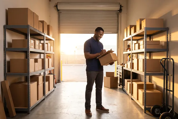 A team member checking a parcel against a clipboard in the receiving warehouse.